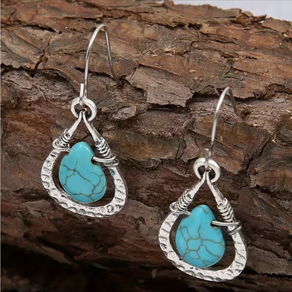 Silver and Turquoise Waterdrop Style Hammered Earrings - Picture 3 of 7